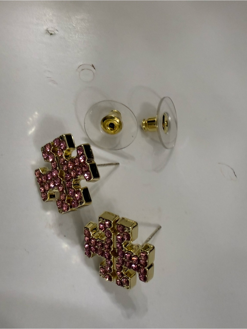 Tory Burch Pink Crystal Logo Stud Earrings - Gold